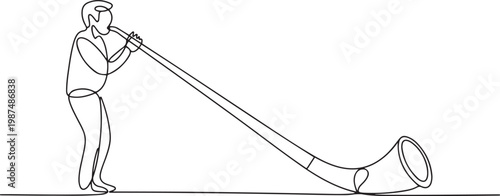 Alphorn in continuous one line drawing. Musician standing playing long traditional horn, Minimalist concept.one line drawing vector illustration