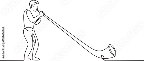 Alphorn in continuous one line drawing. Musician standing playing long traditional horn, Minimalist concept.one line drawing vector illustration