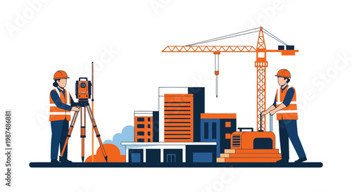 Construction Crew and Modern Cityscape Illustration Depicting Engineering and Planning Process