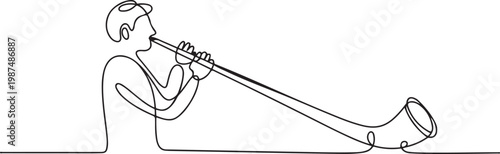 Alphorn in continuous one line drawing. Musician standing playing long traditional horn, Minimalist concept.one line drawing vector illustration
