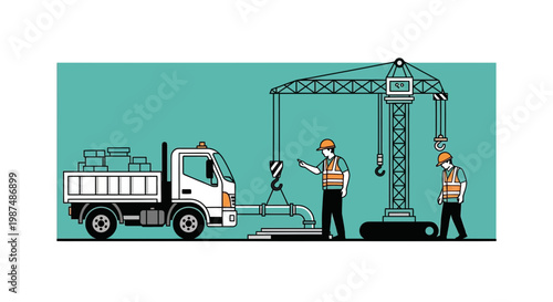 Construction Crew and Truck Working Together to Install Water Pipes, Line Vector Art
