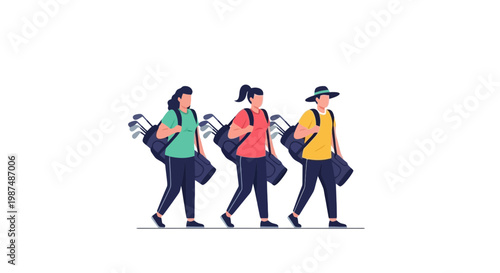 Group of hikers walking together with backpacks in outdoor setting