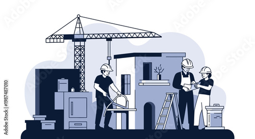 Construction Crew at Work Building Structures with the Help of Heavy Machinery