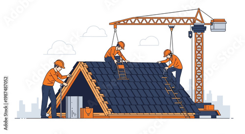 Construction Crew Building A Home Roof With Crane Vector Illustration