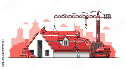 Construction Crew Building A Home With A Crane And Heavy Machines In Progress