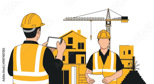 Construction Crew Reviewing House Plans and Designs at Engineering Building Site Inspection