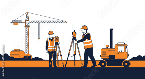 Construction Crew Surveying and Operating Machinery on a Building Site