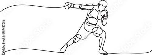 Continuous Line Drawing of a Boxer Throwing a Strong Punch.one line drawing vector illustration