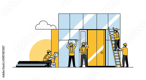 Construction Crew Building A Modern Structure Using Contemporary Methods and Procedures