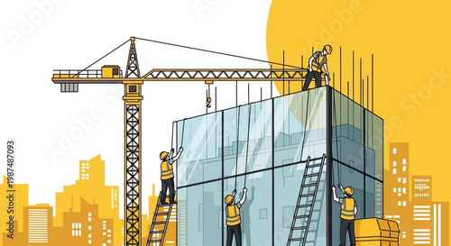 Construction Crew Building a Modern Skyscraper Under a Bright Yellow Sky