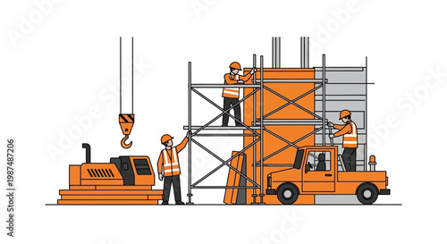 Construction Crew Building Structure with Crane, Scaffolding, Truck, and Machinery Illustration