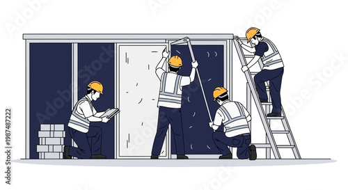 Construction Crew Working Cooperatively on Building Installation Project In Vector Illustration