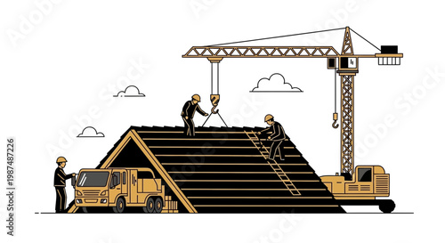 Construction Crew Building the Roof of a House Using a Crane and a Truck