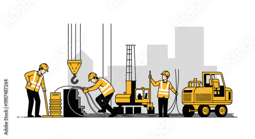 Construction Crew Busy at Work on a Building Site with Machinery and Workers