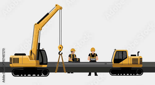 Construction Crew Working Near Equipment for Pipeline Maintenance and Installation Illustration