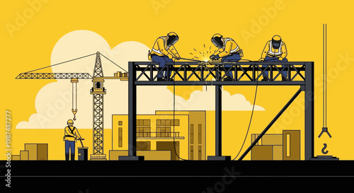 Construction Crew Busy Fabricating Steel Structures and Welding on Site, Artistic Image