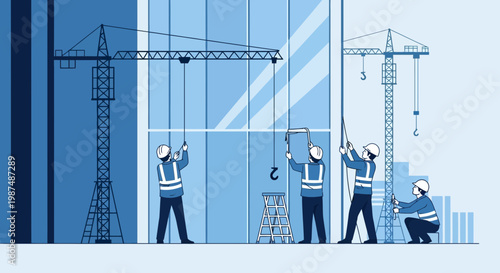 Construction Crew Working on Architectural Structure, High-Rise Building Installation Complete
