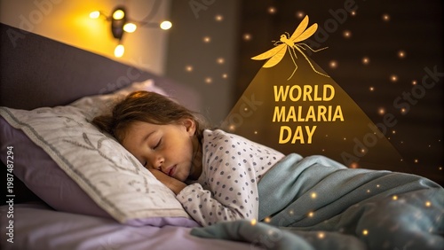 World Malaria Day poster with child sleeping under warm light.

