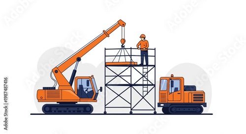 Construction Engineering: Crane, Scaffolding, and Heavy Machinery at a Building Site