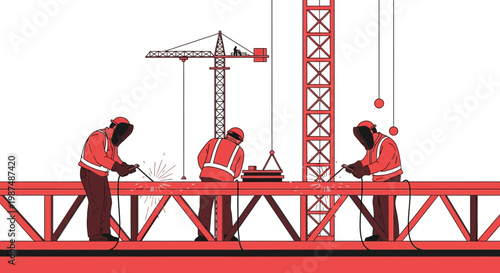 Construction Crew hard At Work Welding Metal Structures On A Building Site