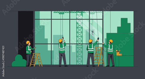 Construction Crew Inspecting Building Facade, Assessing Project, Performing Critical Tasks