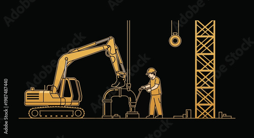 Construction Engineering Illustrative Design Depicting Worker and Heavy Machinery in Action