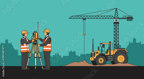 Construction Engineering Team At Work Coordinating Project Plans With Heavy Equipment