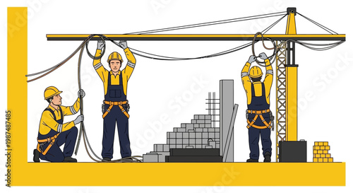 Construction Crew Installing Cables on a Building Scaffold for Electrical Infrastructure