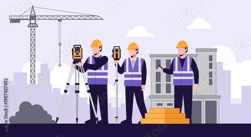 Construction Engineering Team At Work, Surveying The Project On Site, Professional Crew