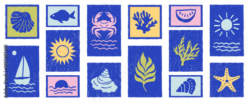 Summer beach hand-drawn vector travel stamp set.Doodle sea vacation mosaic print, summer print, coastal sticker set, marine icon, vintage badge, travel resort postcard logo—retro graphic.