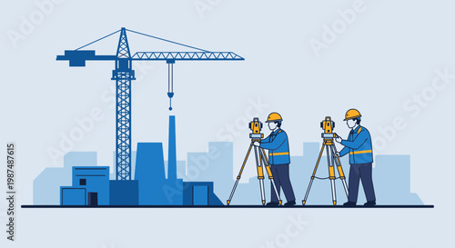 Construction Engineers Measuring Buildings with Surveying Equipment Near Construction Site