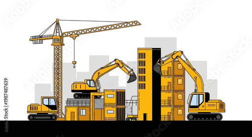 Construction Equipment Working Together to Build Towers in An Abstract, Illustrative Style