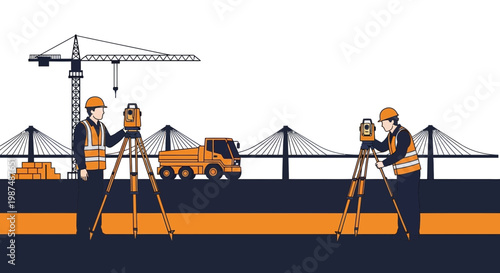 Construction Engineers Measuring Project Location Near Suspension Bridge and Heavy Machinery