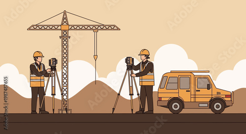 Construction Engineers Measuring Land and Surveying with a Tower Crane and a Vehicle.