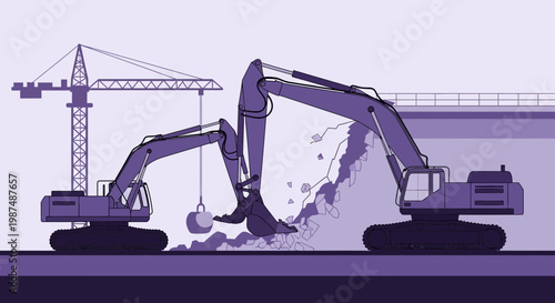 Construction Equipment Working Together to Demolish a Wall, Illustration with Purple Tones