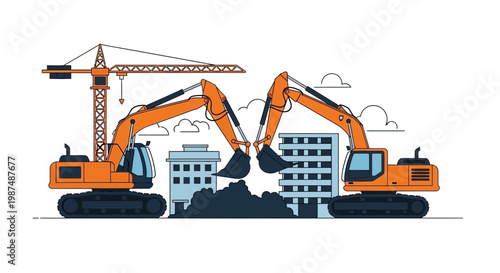 Construction Equipment Working Together to Form Modern Metropolis Illustration