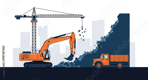 Construction Equipment Working Together to Form Elements For City Development Illustration