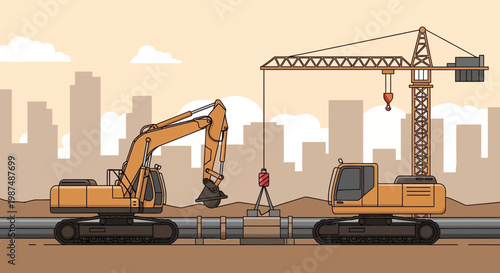 Construction Equipment Working Together to Install Infrastructure Pipelines in Urban Area