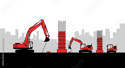 Construction Equipment Depicted Working On Building a City: A Modern Digital Illustration