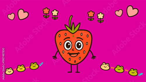 Cute Cartoon Strawberry Character with Happy Face and Limbs.