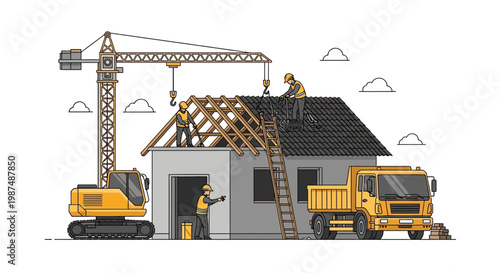 Construction House Illustration With Crane, Workers, Trucks, And Building Process