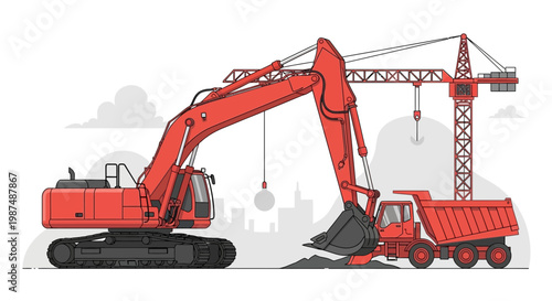 Construction Equipment Depicting Excavator, Crane, and Dump Truck At Work Site