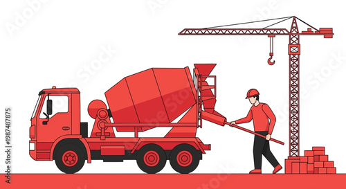 Construction Illustration: Concrete Mixer Truck, Crane, and Construction Worker