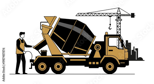 Construction Illustration: Concrete Mixer Truck, Crane, and Construction Worker Silhouette