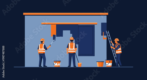 Construction Crew Painting a Building Interior in a Flat, Minimalist Style