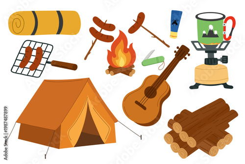 Camping gear collection with tent, campfire, guitar and cooking equipment. Set of outdoor adventure elements including турист tent, firewood stack, sausages on skewers, portable gas stove with mug.
