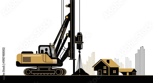 Construction Equipment Drills Near Residential Housing During Development Process