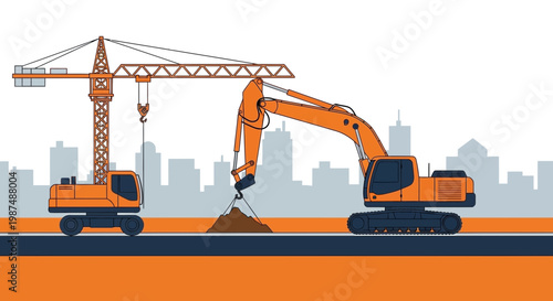 Construction Equipment Illustration Depicting Crane and Excavator Working on a Project