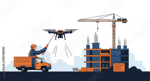 Construction Progress Monitored by Drone Technician Over a Building Site with a Crane