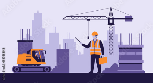 Construction Project Manager Overseeing Building Site and Machinery Operations